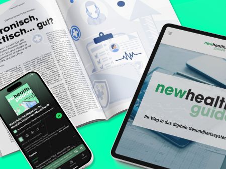 Open NewHealth.Guide magazine, smartphone with podcast player, and tablet with NewHealth.Guide website on green background