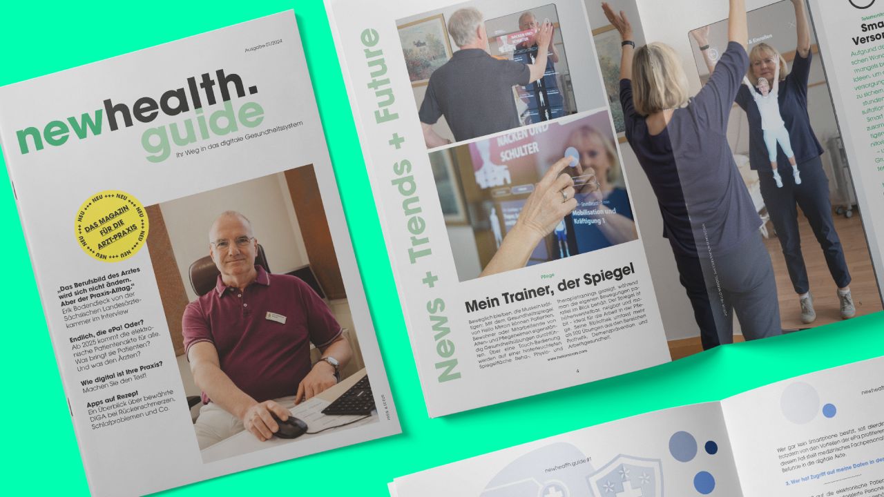 Cover of NewHealth.Guide magazine featuring a portrait of a doctor alongside a double-page spread on health topics Cover of NewHealth.Guide magazine featuring a portrait of a doctor alongside a double-page spread on health topics