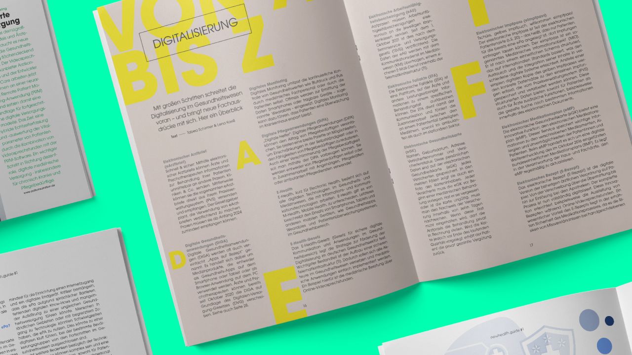 Open double page of NewHealth.Guide magazine shows the article “Digitization from A to Z” with yellow typography. Open double page of NewHealth.Guide magazine shows the article “Digitization from A to Z” with yellow typography.