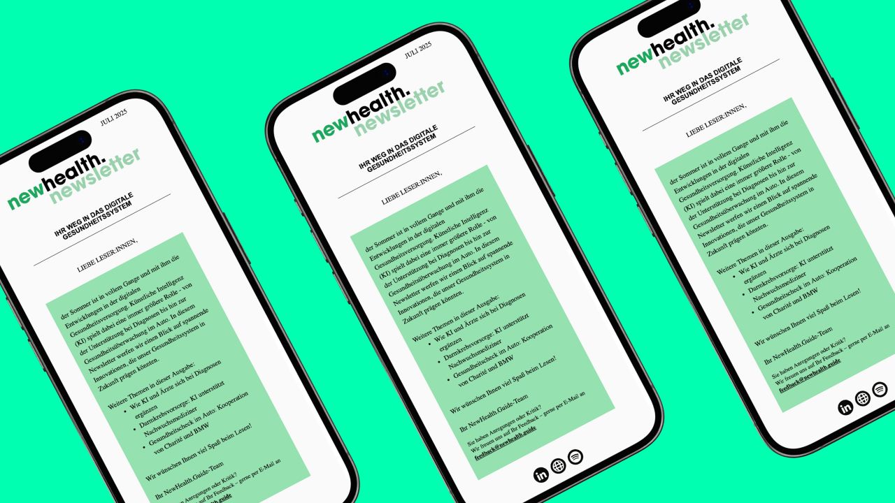 Several smartphones display different editions of the NewHealth newsletter. Several smartphones display different editions of the NewHealth newsletter.