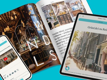 Open One Design magazine, smartphone, and tablet lie side by side, displaying print and online content from Motel One