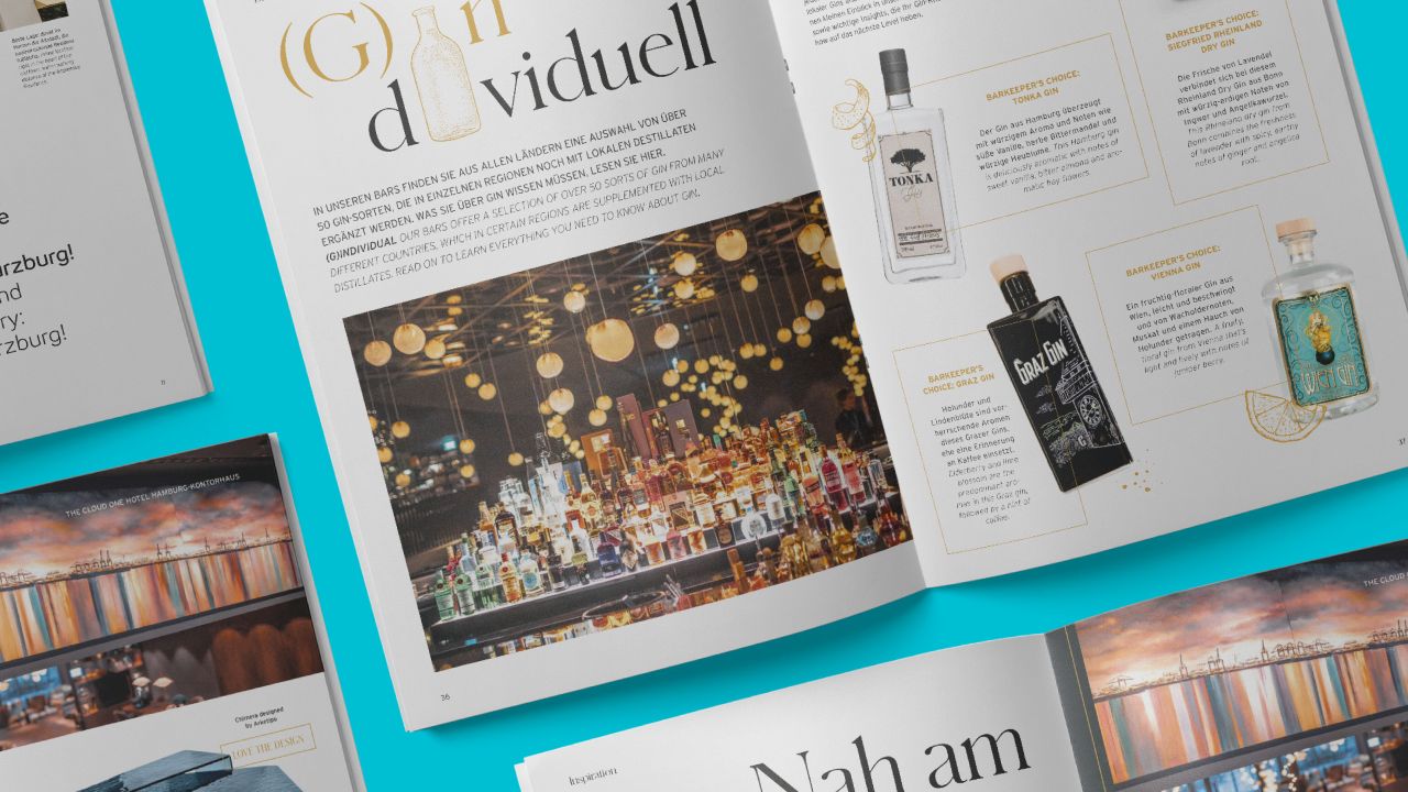 An open double page from Motel One's One Design magazine shows articles with photos of a hotel bar and various gin bottles An open double page from Motel One's One Design magazine shows articles with photos of a hotel bar and various gin bottles