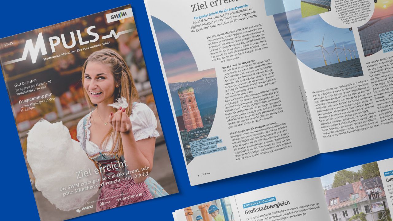 Cover des SWM M-PULS Magazins mit einer lächelnden Frau in Tracht, die Zuckerwatte hält, und eine aufgeschlagene Doppelseite zum Thema Energiewende in München Cover des SWM M-PULS Magazins mit einer lächelnden Frau in Tracht, die Zuckerwatte hält, und eine aufgeschlagene Doppelseite zum Thema Energiewende in München