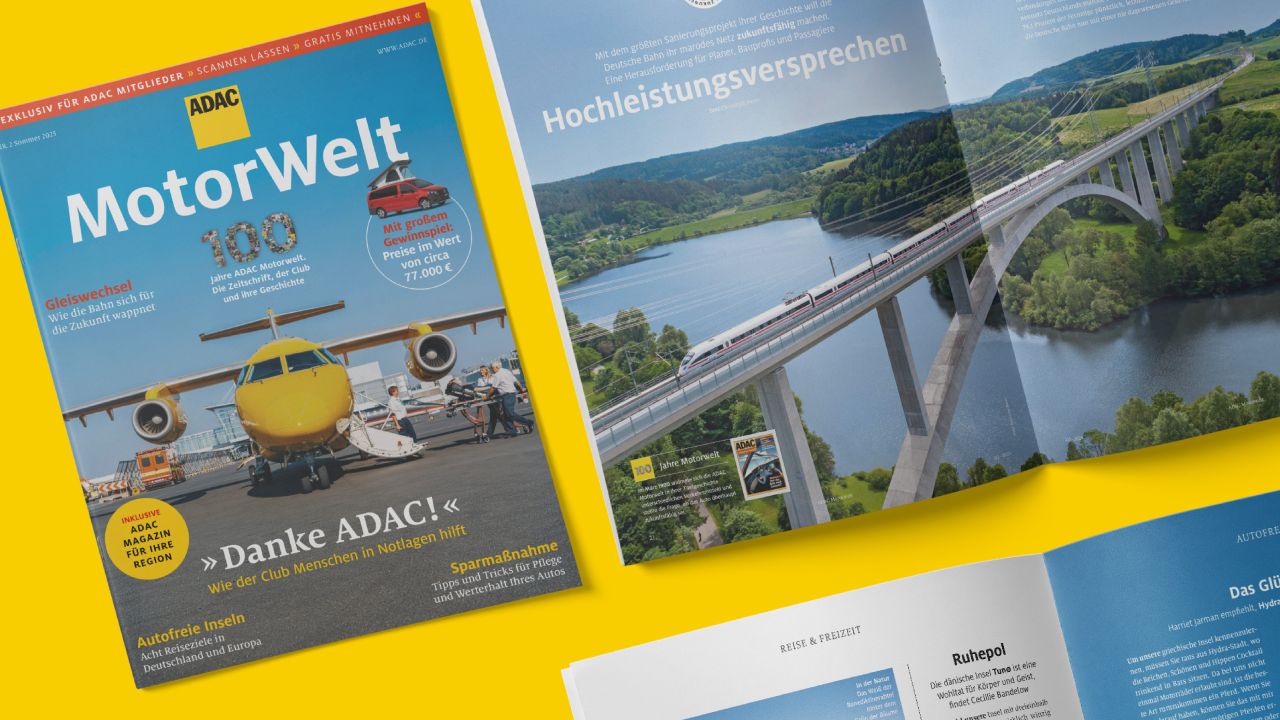 Titelseite der ADAC Motorwelt 02/2025 neben aufgeschlagener Doppelseite, die eine Eisenbahnbrücke zeigt Titelseite der ADAC Motorwelt 02/2025 neben aufgeschlagener Doppelseite, die eine Eisenbahnbrücke zeigt