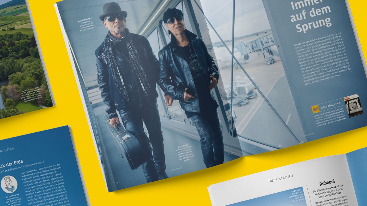 Doppelseite aus der ADAC Motorwelt 02/2025 zeigt Fotostrecke mit Klaus Meine und Rudolf Schenker von der Band Scorpions Doppelseite aus der ADAC Motorwelt 02/2025 zeigt Fotostrecke mit Klaus Meine und Rudolf Schenker von der Band Scorpions