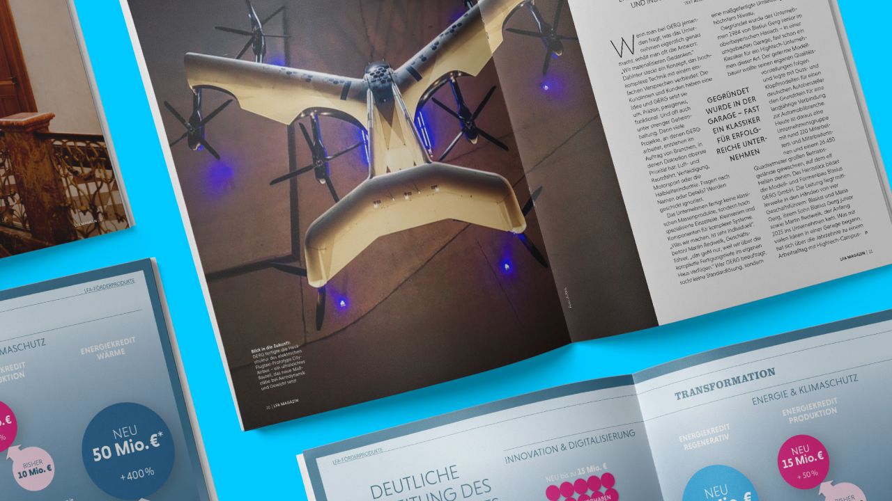 Several open double pages of the LfA Magazine 2025 on a blue background Several open double pages of the LfA Magazine 2025 on a blue background