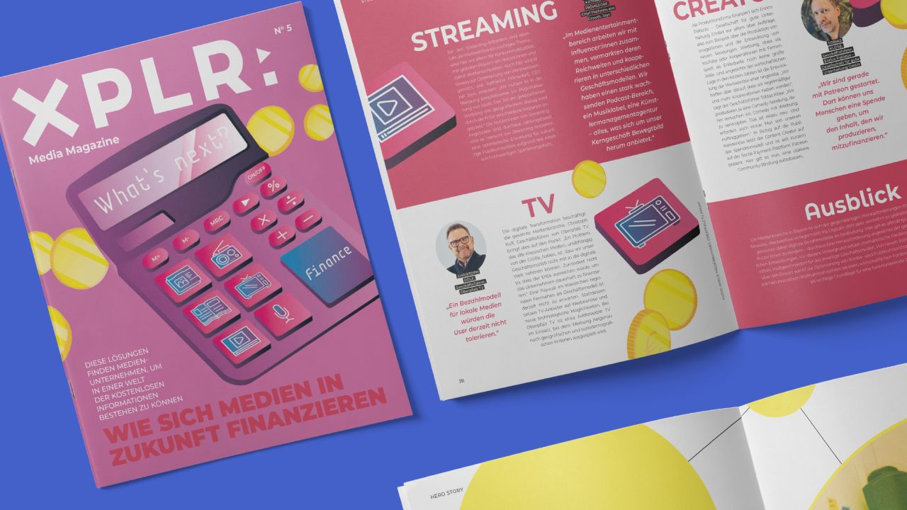 Cover of XPLR: MEDIA magazine lies next to an open double page spread showing texts, infographics, and photos on the topic of media financing. Cover of XPLR: MEDIA magazine lies next to an open double page spread showing texts, infographics, and photos on the topic of media financing.