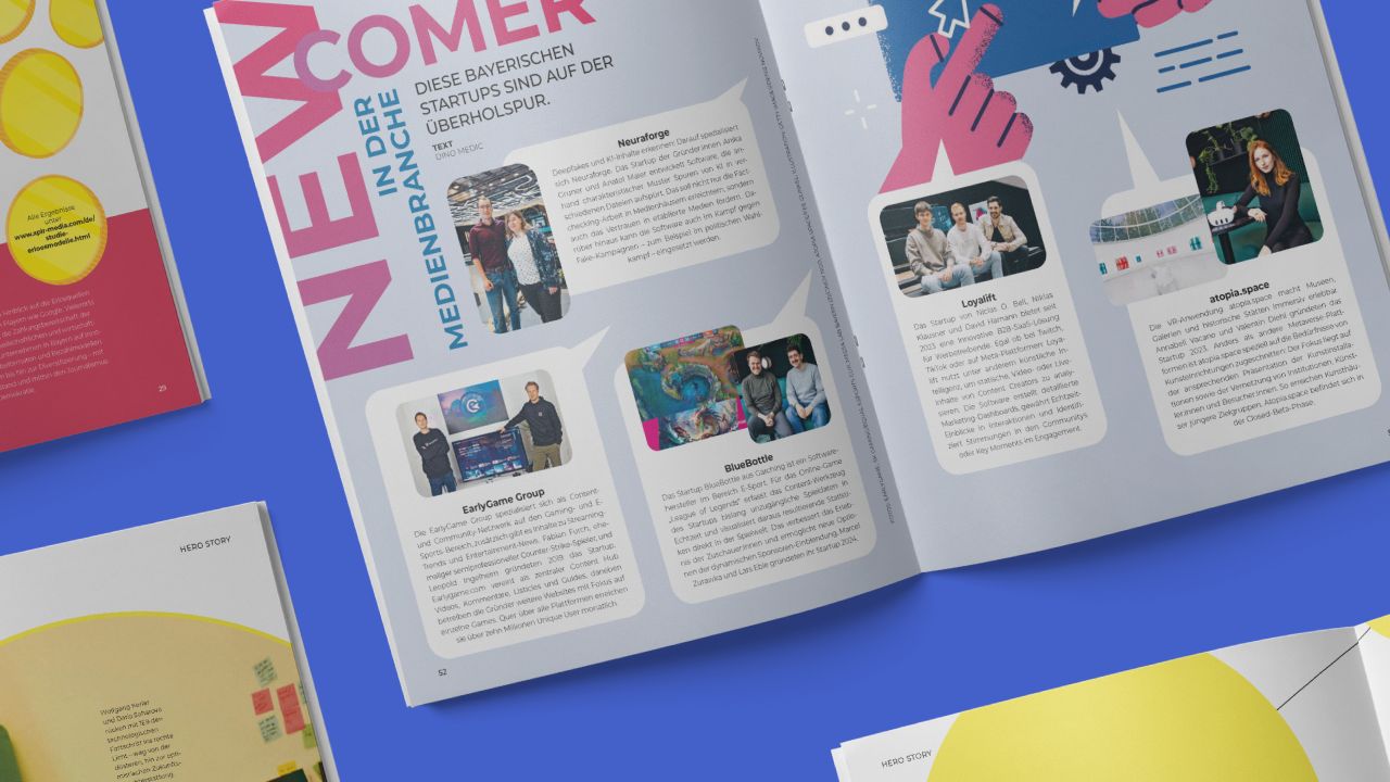 Spread double page of XPLR: MEDIA magazine with photos and short texts on start-ups in the media industry Spread double page of XPLR: MEDIA magazine with photos and short texts on start-ups in the media industry