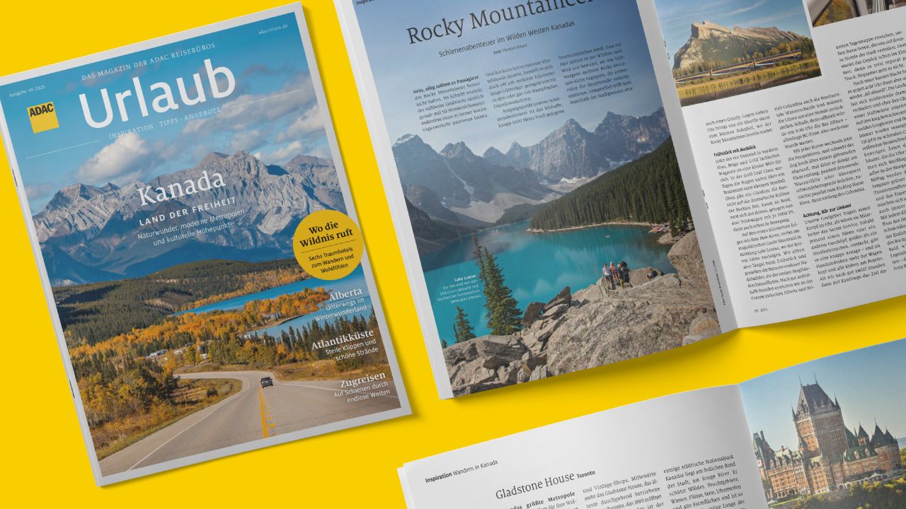Cover and open double page of the travel magazine ADAC Urlaub with Canada as the cover story Cover and open double page of the travel magazine ADAC Urlaub with Canada as the cover story