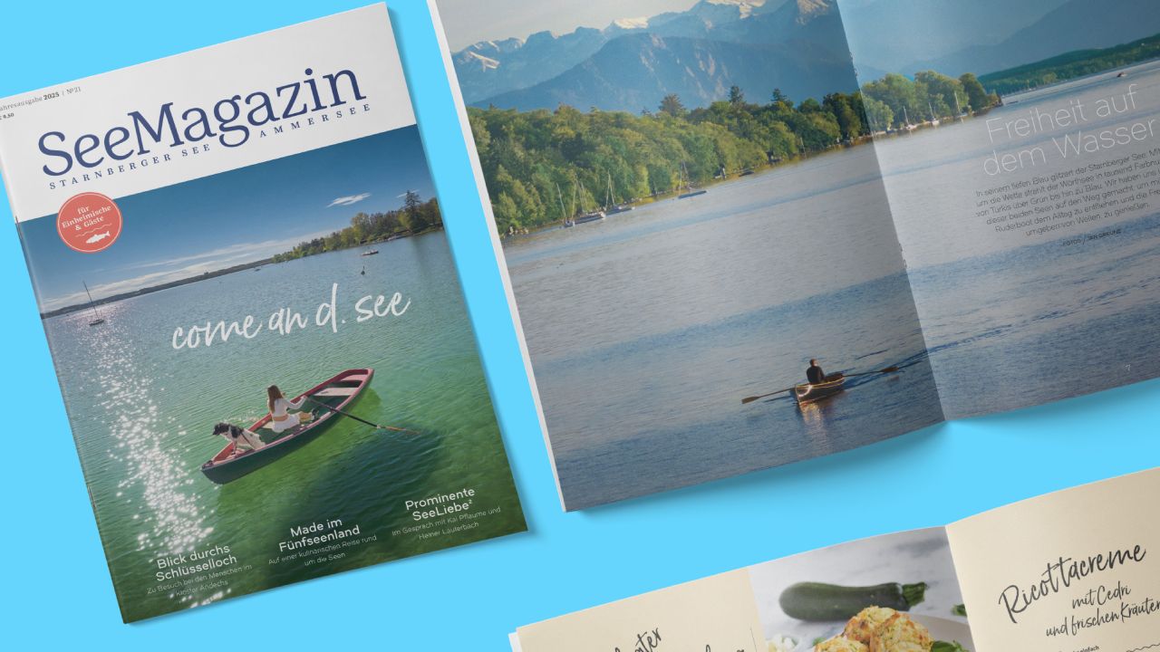 Cover of SeeMagazin 2025 and an open double page showing a photo scene with a rowboat on the water. Cover of SeeMagazin 2025 and an open double page showing a photo scene with a rowboat on the water.