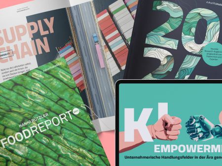 Selection of print publications from the Zukunftsinstitut and an iPad with the Future Business Guide AI Empowerment