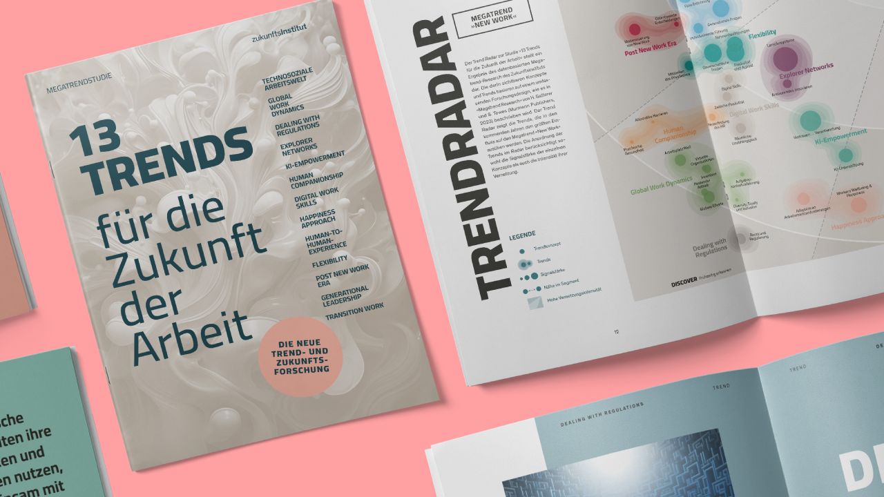 Cover of the megatrend study: Future of Work by the Zukunftsinstitut with an open double page spread featuring infographics Cover of the megatrend study: Future of Work by the Zukunftsinstitut with an open double page spread featuring infographics