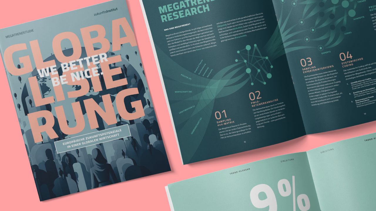 Cover of the Zukunftsinstitut's “Megatrend Study on Globalization” with an open double page spread featuring infographics Cover of the Zukunftsinstitut's “Megatrend Study on Globalization” with an open double page spread featuring infographics