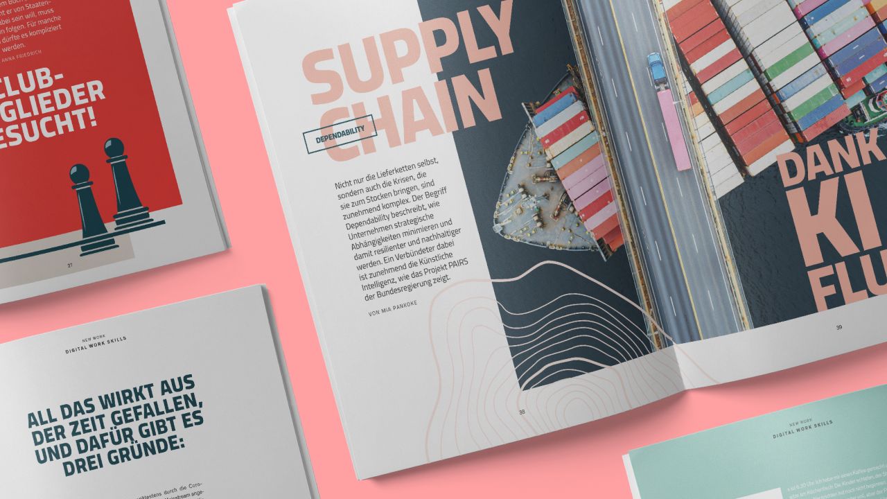 Spread from the Zukunftsinstitut's “Future Report 2024” with aerial view of shipping containers in a port Spread from the Zukunftsinstitut's “Future Report 2024” with aerial view of shipping containers in a port