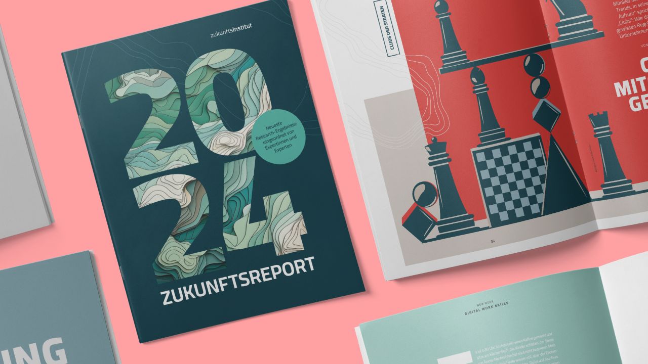 Cover of the “Future Report 2024” by the Zukunftsinstitut (Future Institute) and an open page with illustrations of chess pieces Cover of the “Future Report 2024” by the Zukunftsinstitut (Future Institute) and an open page with illustrations of chess pieces