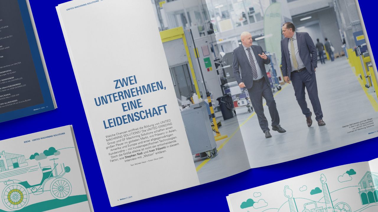 Double-page spread in the customer magazine “Motion” with the headline “Two companies, one passion” and a photo of two managing directors in a production hall Double-page spread in the customer magazine “Motion” with the headline “Two companies, one passion” and a photo of two managing directors in a production hall
