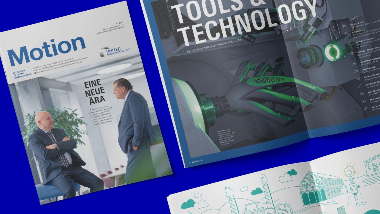 Cover of the customer magazine “Motion” with the title “A New Era” and an open page with the title “Tools & Technology” Cover of the customer magazine “Motion” with the title “A New Era” and an open page with the title “Tools & Technology”