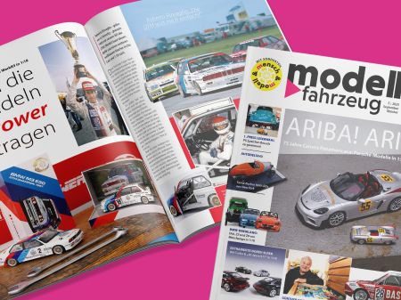 Open article page and cover of MODELL FAHRZEUG magazine on a magenta background