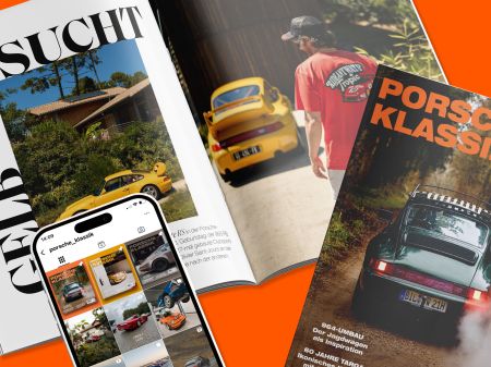 Cover and open double page of PORSCHE KLASSIK magazine issue 32 and smartphone with the PORSCHE KLASSIK Instagram feed on an orange background