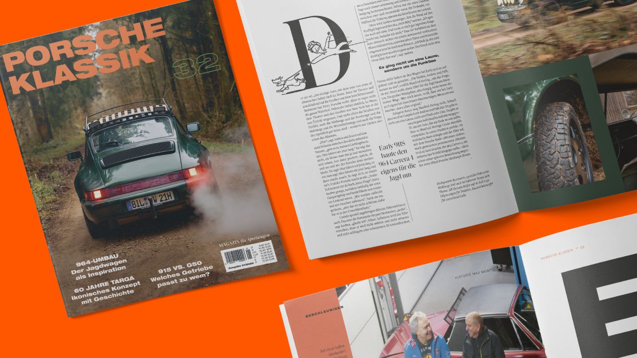 Cover des PORSCHE KLASSIK Magazins (Ausgabe 32) und aufgeschlagene Artikelseite mit Text und Detailfotos auf orangefarbenem Hintergrund Cover des PORSCHE KLASSIK Magazins (Ausgabe 32) und aufgeschlagene Artikelseite mit Text und Detailfotos auf orangefarbenem Hintergrund
