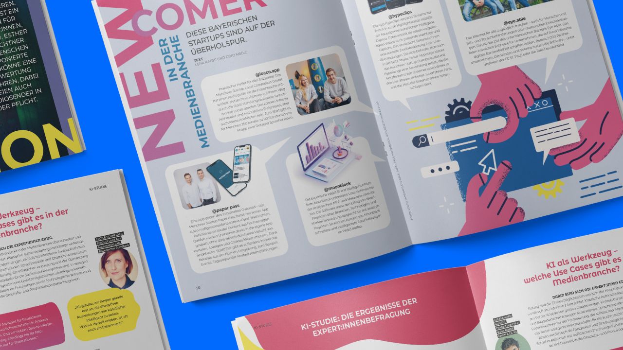 Aufgeschlagene Doppelseite des XPLR: MEDIA Magazine mit dem Titel "Newcomer in der Medienbranche" und Artikeln über bayerische Start-ups und deren KI-Anwendungen Aufgeschlagene Doppelseite des XPLR: MEDIA Magazine mit dem Titel "Newcomer in der Medienbranche" und Artikeln über bayerische Start-ups und deren KI-Anwendungen