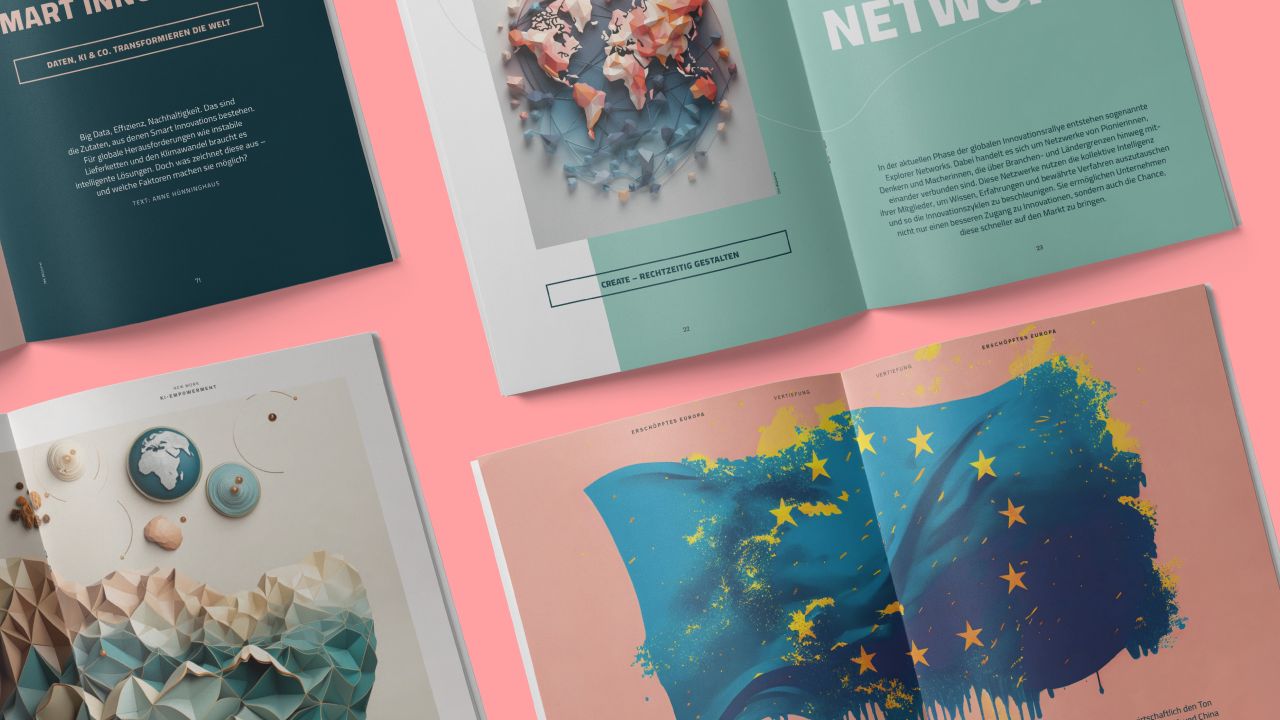 Several open publications from the Zukunftsinstitut with AI-generated visualizations, including a map and a waving European flag Several open publications from the Zukunftsinstitut with AI-generated visualizations, including a map and a waving European flag