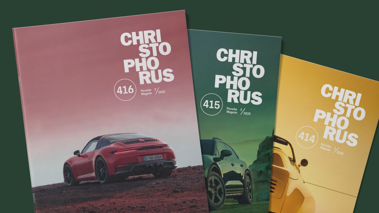 Three covers of “Christophorus – the Porsche Magazine” as print editions are displayed side by side. Three covers of “Christophorus – the Porsche Magazine” as print editions are displayed side by side.