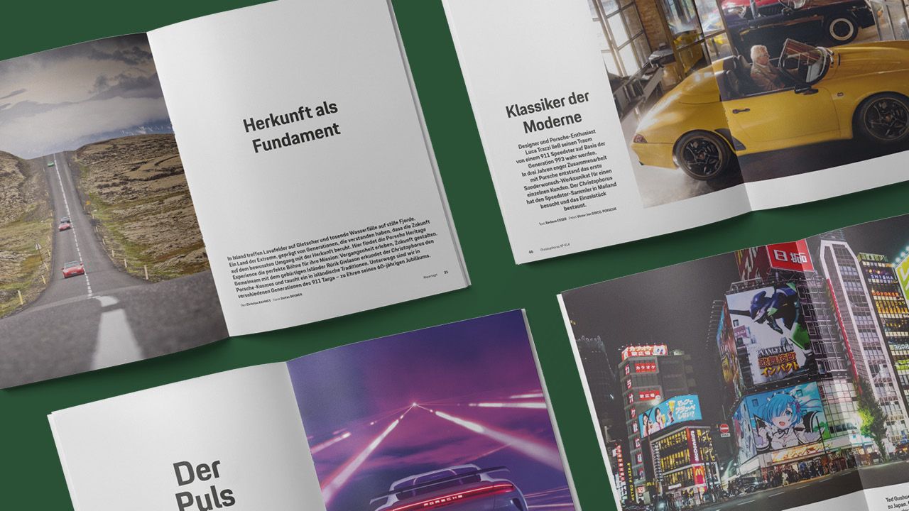 Several double pages of the company magazine “Christophorus – the Porsche Magazine” on a dark green background Several double pages of the company magazine “Christophorus – the Porsche Magazine” on a dark green background