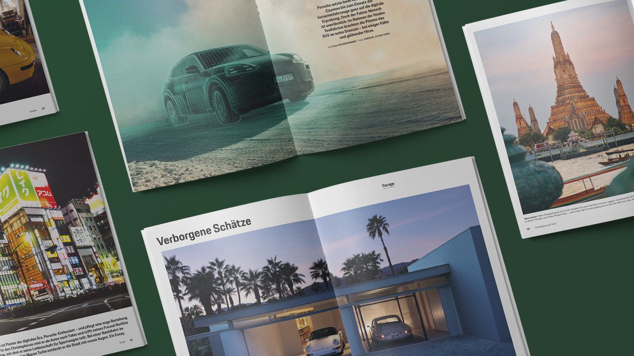 Several double pages of the company magazine “Christophorus – the Porsche Magazine” with photo galleries of various Porsche models Several double pages of the company magazine “Christophorus – the Porsche Magazine” with photo galleries of various Porsche models