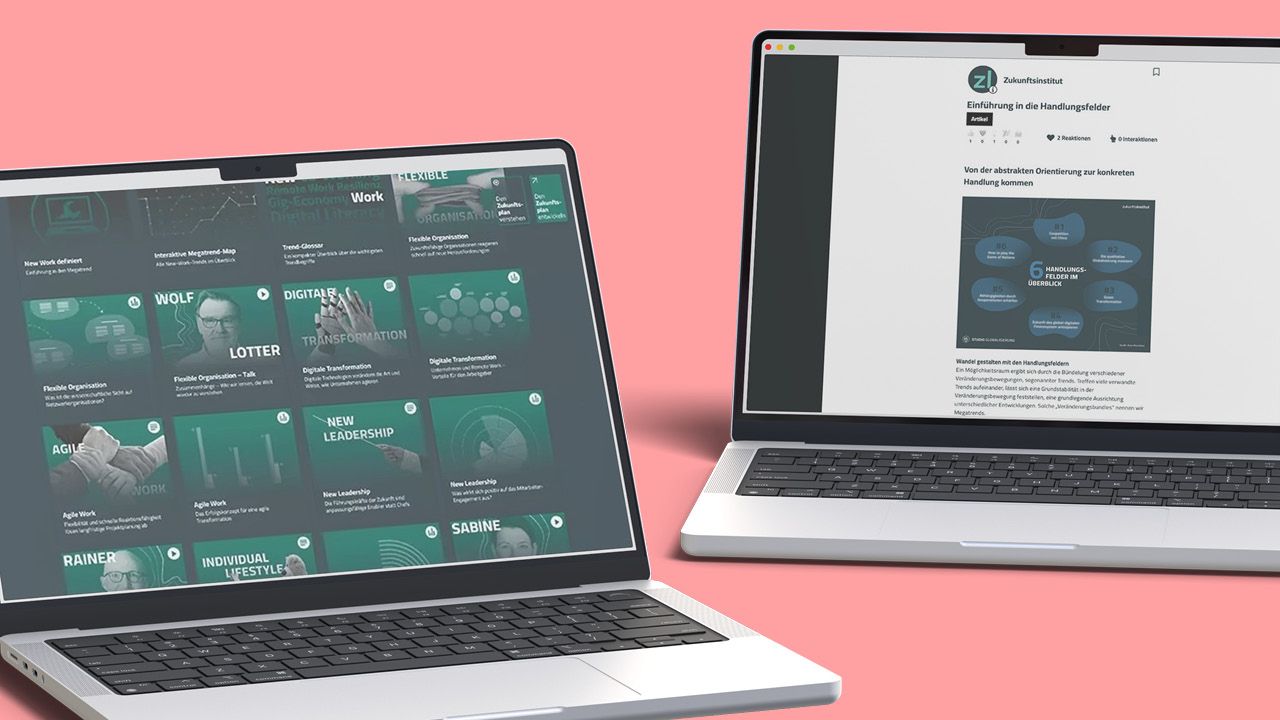 Two laptops display websites about the digital working tools of the Zukunftsinstitut (Future Institute) Two laptops display websites about the digital working tools of the Zukunftsinstitut (Future Institute)