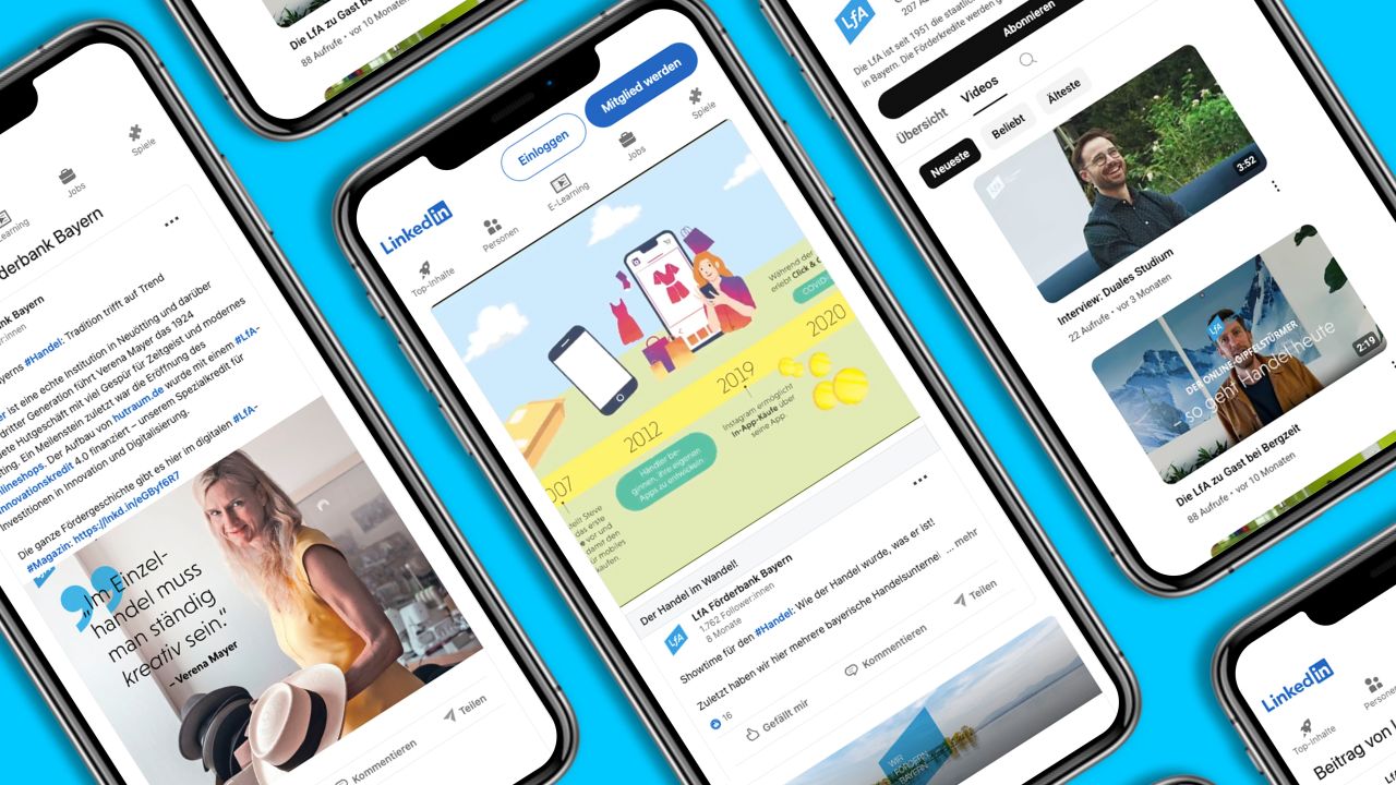 Several iPhones on a blue background display posts from LfA Förderbank Bayern on LinkedIn. Several iPhones on a blue background display posts from LfA Förderbank Bayern on LinkedIn.