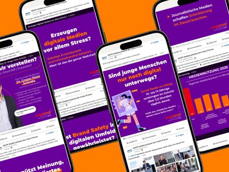 Several iPhones on an orange background display LinkedIn posts from the Media Association of the Free Press about the MVFP Experience Day.
