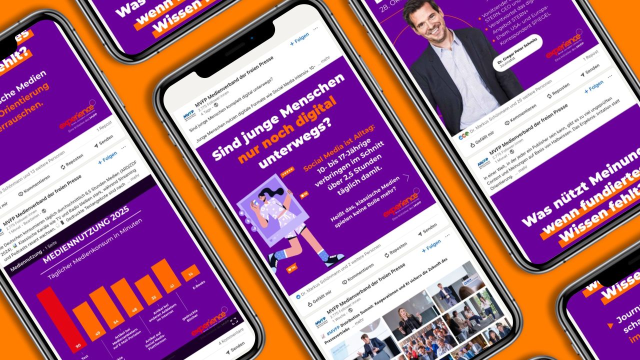 Mehrere iPhones mit orangefarbenem Hintergrund, auf denen LinkedIn-Posts für den MVFP Experience Day mit Infografiken und Fotos zu sehen sind Mehrere iPhones mit orangefarbenem Hintergrund, auf denen LinkedIn-Posts für den MVFP Experience Day mit Infografiken und Fotos zu sehen sind