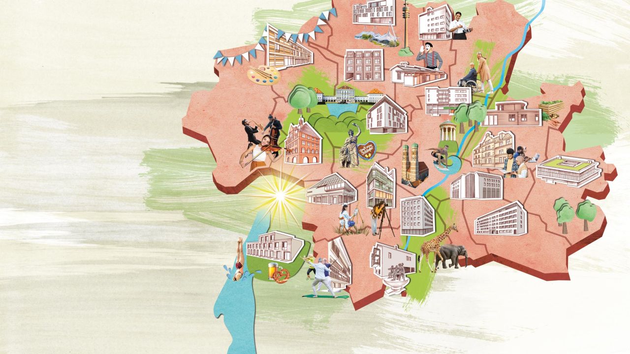 Colorful illustration showing a stylized map of Munich and Lake Starnberg with buildings and people Colorful illustration showing a stylized map of Munich and Lake Starnberg with buildings and people