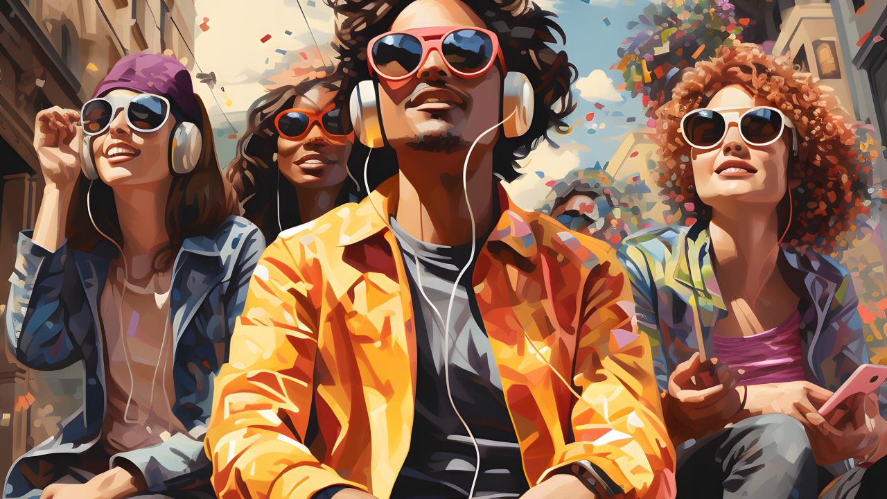 Bunte, im Comic-Stil gehaltene KI-Illustration zeigt eine diverse Gruppe junger Erwachsener im Konfettiregen Bunte, im Comic-Stil gehaltene KI-Illustration zeigt eine diverse Gruppe junger Erwachsener im Konfettiregen