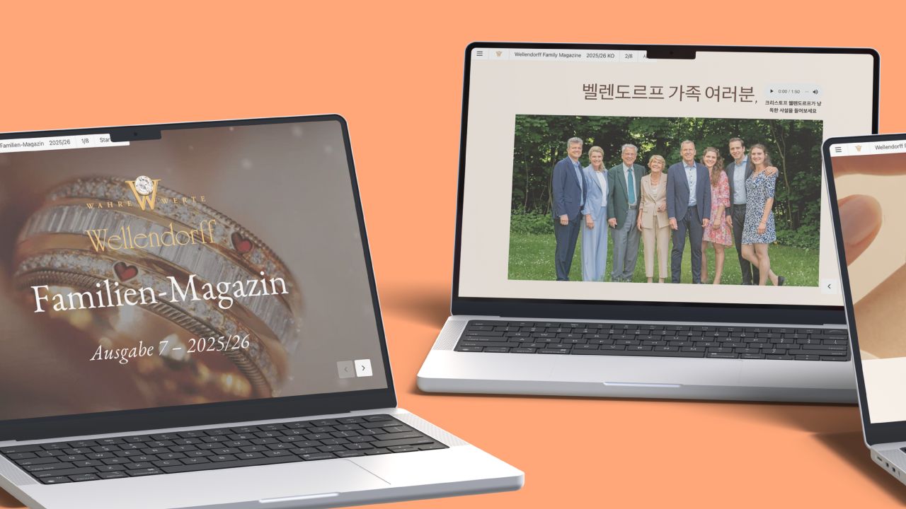 Several open laptops display the home page and editorial of the digital Wellendorff family magazine in German and Japanese. Several open laptops display the home page and editorial of the digital Wellendorff family magazine in German and Japanese.