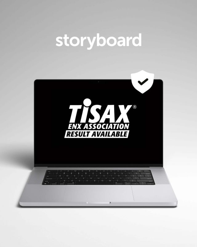 MacBook with TISAX assessment lettering on a black screen, with the white agency logo above it storyboard